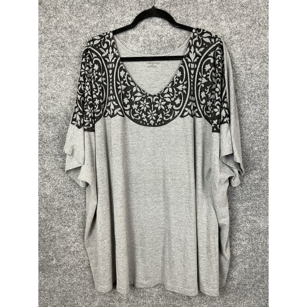 Catherines‎ Top Gray Black Embossed V-Neck 5X Short-Sleeve